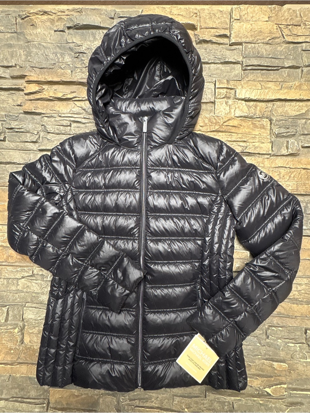 Michael Kors Down Puffer Packable Jacket Black Sz M Hooded NWT Lightweight
